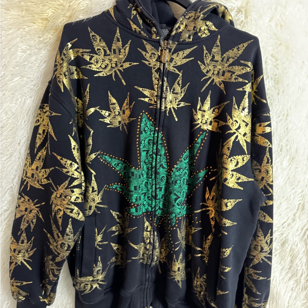 Black Hoodie with Gold and Green Leaf Design
